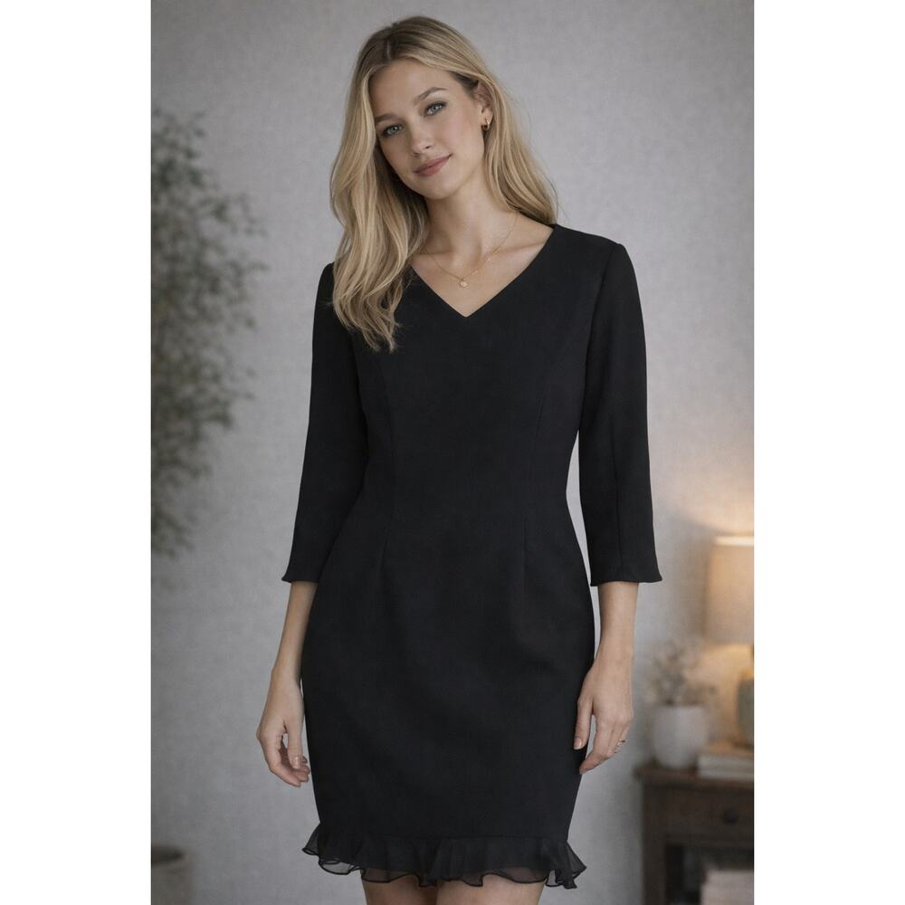 Virgo Structured Black Dress Womens 12 Ruffle 3/4 Sleeve Cocktail Office Formal